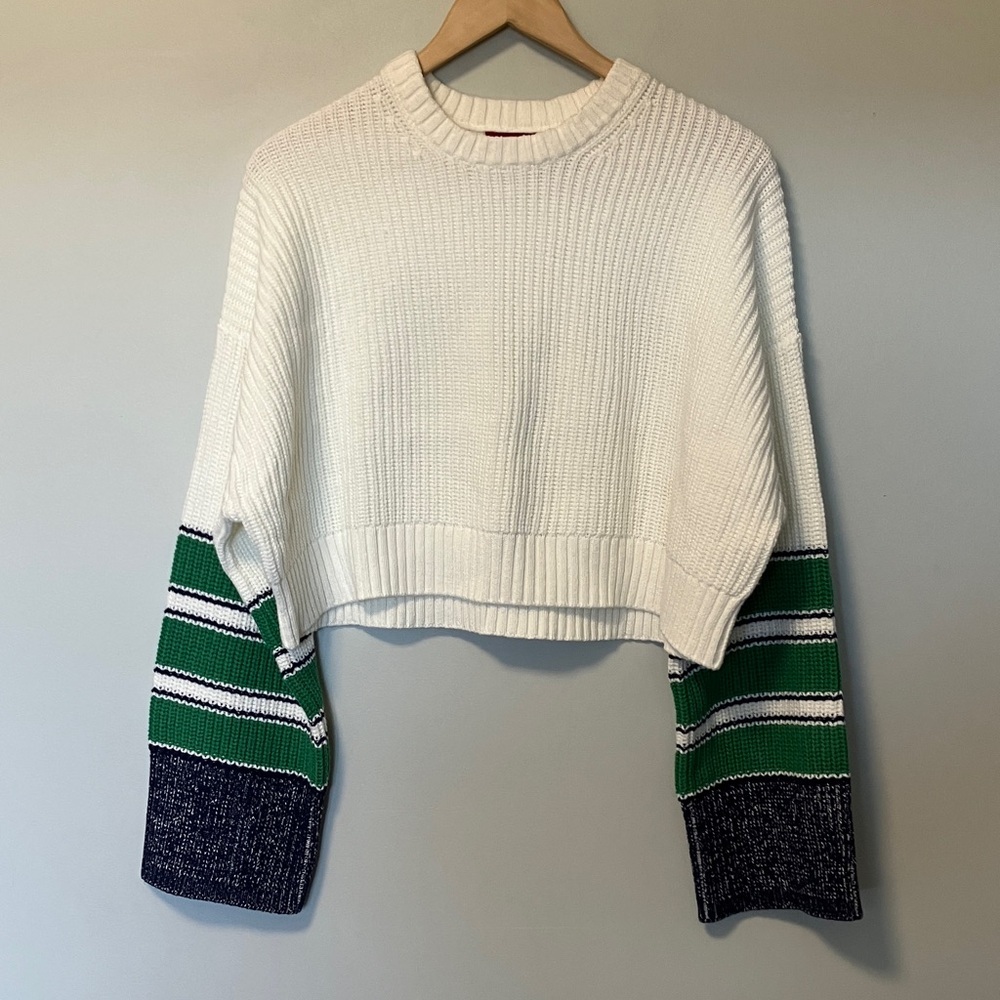 STAUD Cliff White Cropped Knit Sweater with Green & Navy Sleeve Accents - Picture 5 of 9